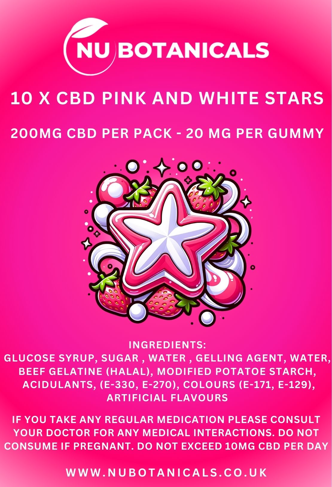 Nu Botanicals - 10 x 20mg CBD Gummy Pink Stars - Strawberry and Cream